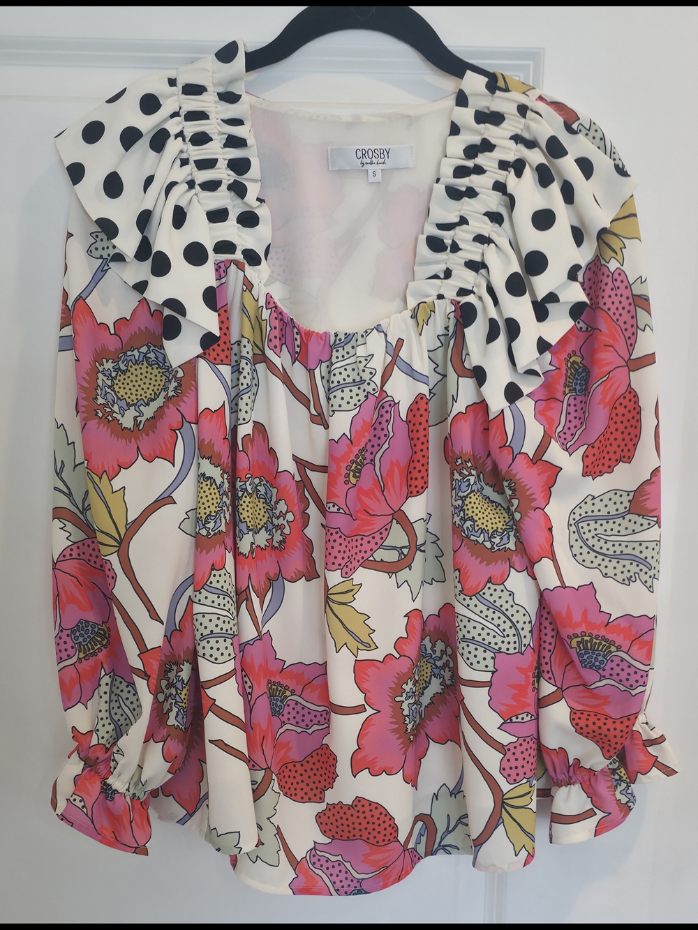 CROSBY by Mollie Burch Pink Floral Polka Dot Ruffle Blouse